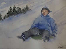 Aquarelle originale signée paysage de montagne jeu sur la neige " La glisse"