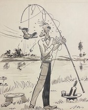 Le pêcheur chaussure Dessin encre humoristique vers 1940 anonyme