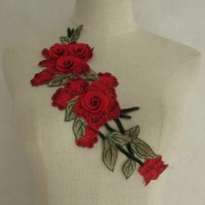 APPLIQUE BRODÉE, ROUGE, FLEUR ROSE 3D FEUILLE, 12 x 29 cm Patch à coudre / ACD33