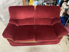 Ancien Canapé Art Déco En Velour Rouge Bordeaux & Décor Bois #B230
