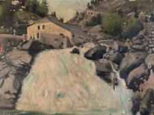 Très Belle Peinture Huile Sur Toile Rivière Paysage Maison 1900 Art A Identifier