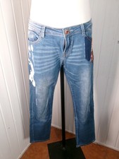 Pantalon slim 7/8 taille médium jeans bleu usé DESIGUAL W32 42 fleurs logo brodé