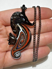 Vintage Dichroïque Murano Moulé Verre Artisanal Noir Hippocampe 19 " Pendentif