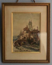 aquarelle château rivière datée 1885 signée