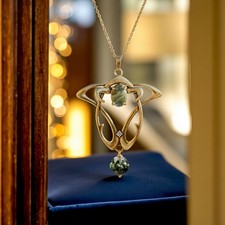 Collier Pendentif Doré Vieilli Ovale Agate Mousse Perle Quartz fantôme vert SB22