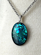 Magnifique Collier Pendentif Ovale Bleu Vert Neuf Pendentif 2,5cm Chaîne 45cm