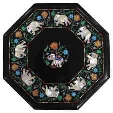 20 " Marbre Noir Table Top Demi Précieux Pierres Incrustation Art Décor Pièce