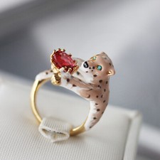Bague Ouvert Reglable Chevaliere Rouge Panthere Léopard Email Rose Yeux Vert L3
