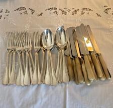 CHRISTOFLE 12 FOURCHETTES 12 CUILLERES PERLES - 12 COUTEAUX CORNE VIROLES PERLES