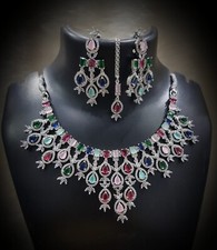 Ensemble de mariée indien Bollywood bijoux plaqué argent boucles d'oreilles C...