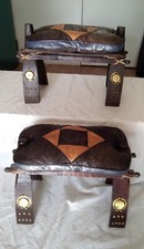2 Tabouret Égyptien Selle De Chameau Peau De Chèvre Bois Et Laiton