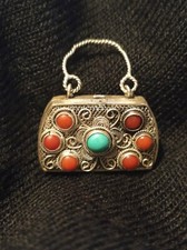 Ancien Porte Coran Prières Berbère Kabyle Argent Massif Turquoises Corail Rouge 