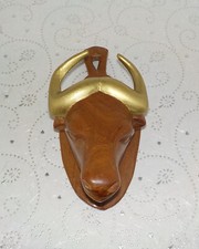 Tête de buffle ou vache déco mural en bois exotique sculpté H16 cm - C1