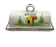 Beurrier céramique écru motif maison  deux pièces 21,5x11x11cm/18,5x8 cm env
