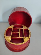 Ancienne Boîte Asiatique Ronde en Bois Laqué Rouge/Or  Compartimentée