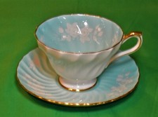 Vintag Aynsley OS Chine Angleterre Aqua Fond Blanc Roses Tasse et Soucoupe #2243
