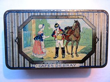 Boite publicitaire 1900 tôle lithographiée Café DEBRAY: L'arrivée du facteur