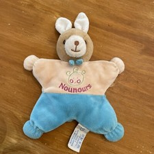 Doudou Peluche Demi Plat  Lapin Nounours Bleu saumon Tête De Bébé