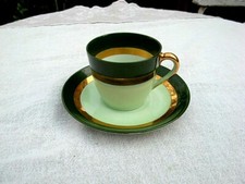 tasse à café vert doré or fin porcelaine Limoges ancien signé PL made in France