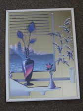 beau MIROIR DECORATIF-décors Vases Fleurs Plumes-Fenêtre vue sur mer et building