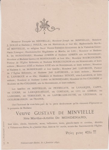 1892 faire part décès - 1892, faire-part