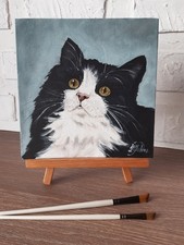 Peinture à l'huile originale chat noir art animalier 8 par 8 yeux verts...