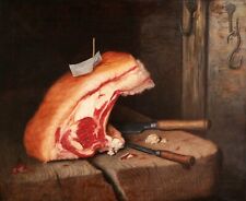Tableau ancien encadré maître flamand nature morte viande boeuf billot boucher