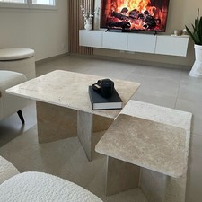 table basse travertin rectangle + petite extension carré travertin
