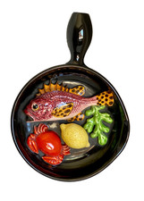 POËLON Faïence VALLAURIS Trompe-l'œil BARBOTINE Vintage Poisson Crustacé Citron