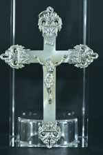 Graceful Antique Religious pectoral cross sterling Silver & mother of pearl 19Th