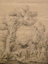 Dessin ancien 64 x 49 cm Mine de plomb Monogramme DG enfants horloge chien ange