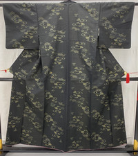 Kimono japonais vintage soie noire tumugi traditionnel authentique longueur 5...