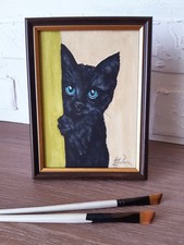 Peinture à l'huile originale chaton noir chat mignon regardant art mural...