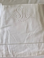 Ancien drap en fil monogramme SA jours  drap 01 ref 906