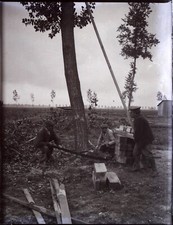 Bucheron Abattant un Arbre Construction Maison, NEGATIF Photo Plaque Stereo