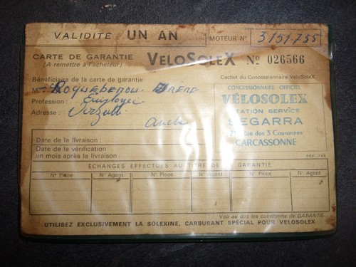 Rare carte garantie solex - rare,