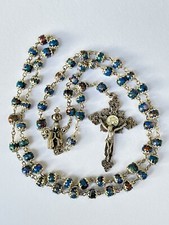 Magnifique CHAPELET métal argenté avec 59 PERLES en EMAUX CLOISONNÉS bleu en TBE