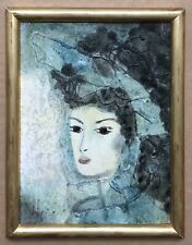 Tableau Peinture et Tissu Portrait Visage Femme Mode Chapeau Vert Signé Encadré 