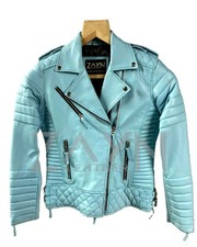 Blouson de moto en cuir bleu ciel pour femme 100 % véritable peau d'agneau ve...