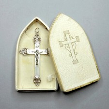 Crucifix and Box. Silver and Mother of Pearl. Antique Religious Large Cross.