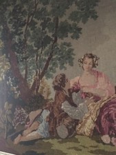 grande Tapisserie, cadre sculpté doré, Pastorale galante, exécutée à la main.