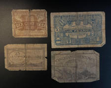 LOT MONNAIES ANCIENNES 4 VIEUX BILLETS FRANCS ET CENTIMES DE FRANCS