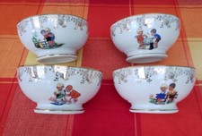 Rare : 4 Anciens Bols Porcelaine D'art LPG France Dessin Naïf Enfants