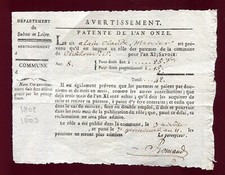 vieux document . Chalon-Sur-Saône . Patente de L'An Onze . 1802-1803