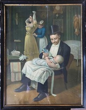 Tableau chromo 1900 Scène de famille parisienne élégante et Papa biberon