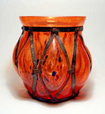 Vase - Verre & Fer - Verre Soufflé - Marmoréen Orange - Art Nouveau - XXth
