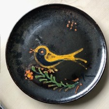 Assiette Céramique noire emaillée  vintage oiseau