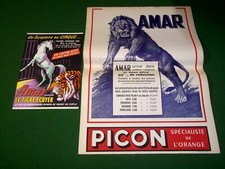 lot de 2 AFFICHES ORIGINALES CIRQUE AMAR lion tigre chevaux picon CIRCUS POSTER