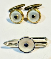 lot  bouton de Manchette Vintage en nacre et pince a cravate argent nacre saphir