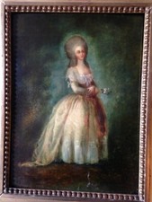 Ancien Tableau XIXéme femme gout XVIIIeme Marie Antoinette ? cachet de cire